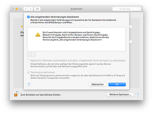 Mac Firewall - Alle Verbindungen blockieren