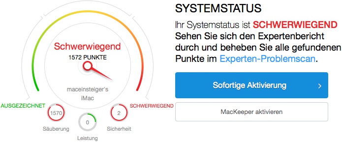 MacKeeper/Advanced Mac Cleaner Systemstatus Schwerwiegend