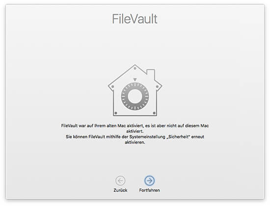 Migrationsassistent - Ziel-Mac FileVault aktivieren