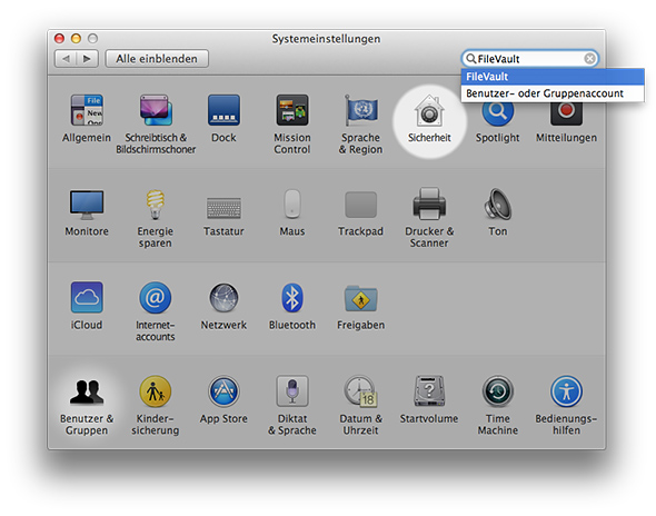 Mac OS X Systemeinstellungen durchsuchen