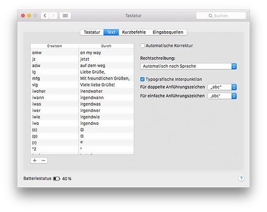OS X Textersetzungen & Textvervollständigung