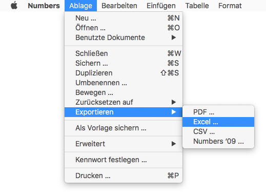 iWork Numbers - als Excel speichern