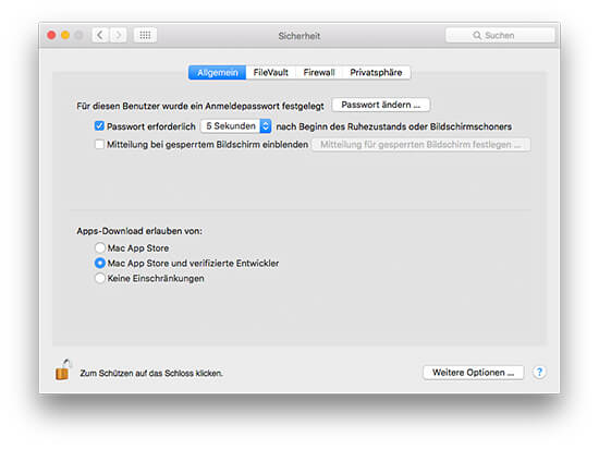 OS X Systemeinstellungen Sicherheit Gatekeeper